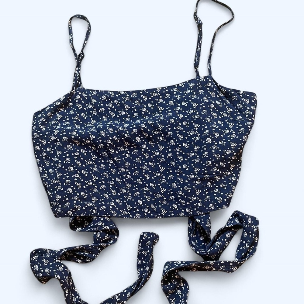 Navy Blue Floral Crop Top With Back Tie